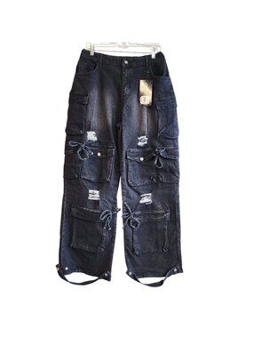 Black Distressed Womens Cargo JeansMultiple Pockets & Adjustable Straps Large